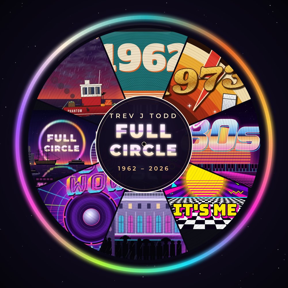 Full Circle album cover – a neon ring of artwork from each decade